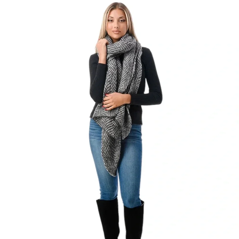 Marcus Adler The Lucia Large Scarf Wrap Black and White Herringbone NWT